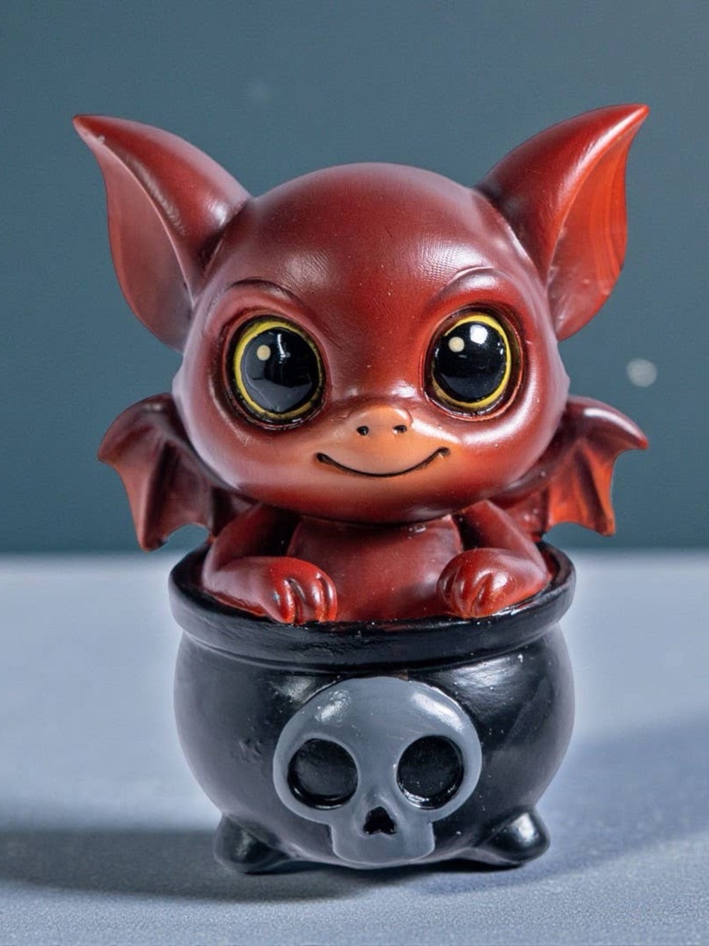 Cute Red Bat Figurine in Black Skull Cauldron